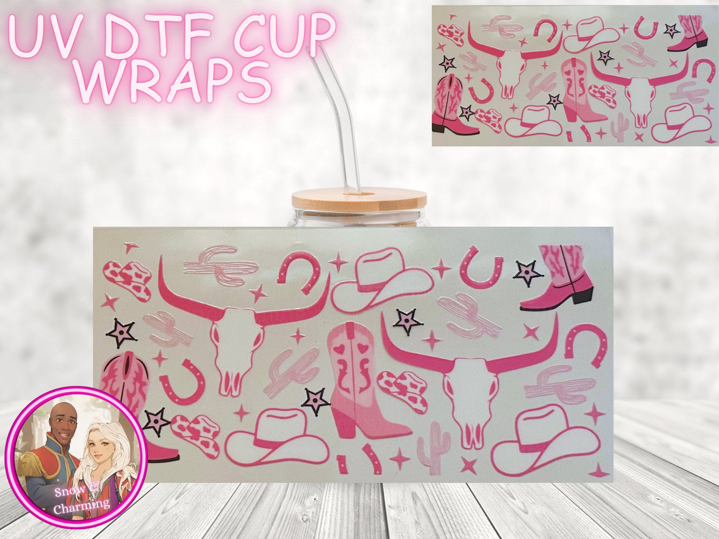 Cowgirl! UV Dtf Cup WRAPs, No Weeding, No Fussy Vinyl! Next Day Shipping, Uv Dtf On 16 Oz Libbey Glass,Ready To Ship