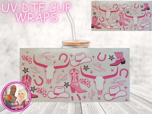 Cowgirl! UV Dtf Cup WRAPs, No Weeding, No Fussy Vinyl! Next Day Shipping, Uv Dtf On 16 Oz Libbey Glass,Ready To Ship