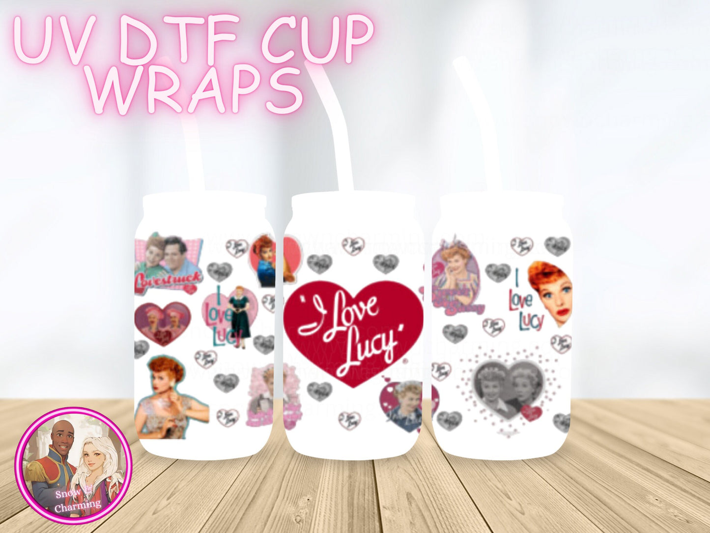LUCY!! UV Dtf Cup WRAPs, No Weeding, No Fussy Vinyl! Next Day Shipping, Uv Dtf On 16 Oz Libbey Glass,Ready To Ship , Gift Wrap Available