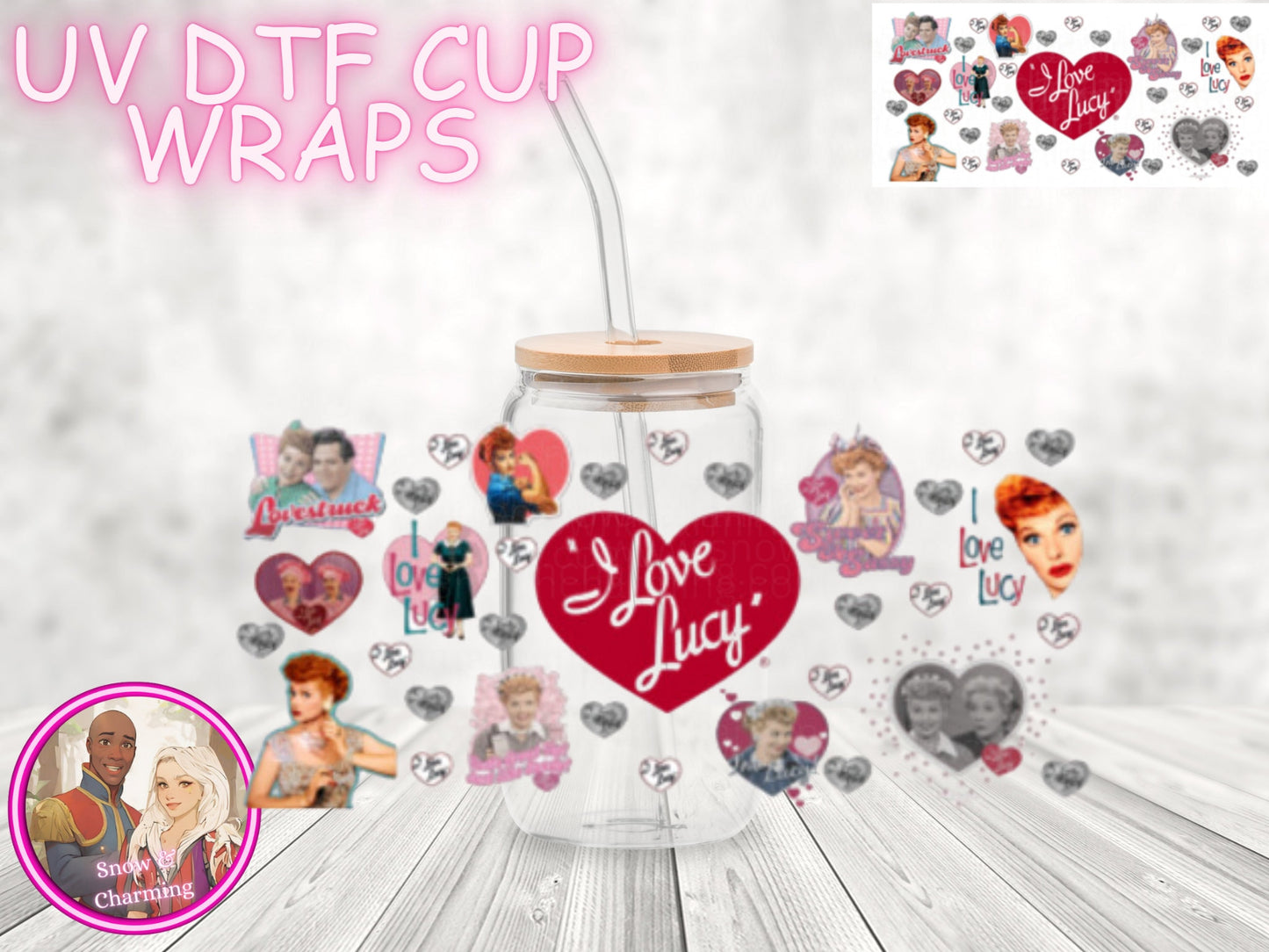 LUCY!! UV Dtf Cup WRAPs, No Weeding, No Fussy Vinyl! Next Day Shipping, Uv Dtf On 16 Oz Libbey Glass,Ready To Ship , Gift Wrap Available