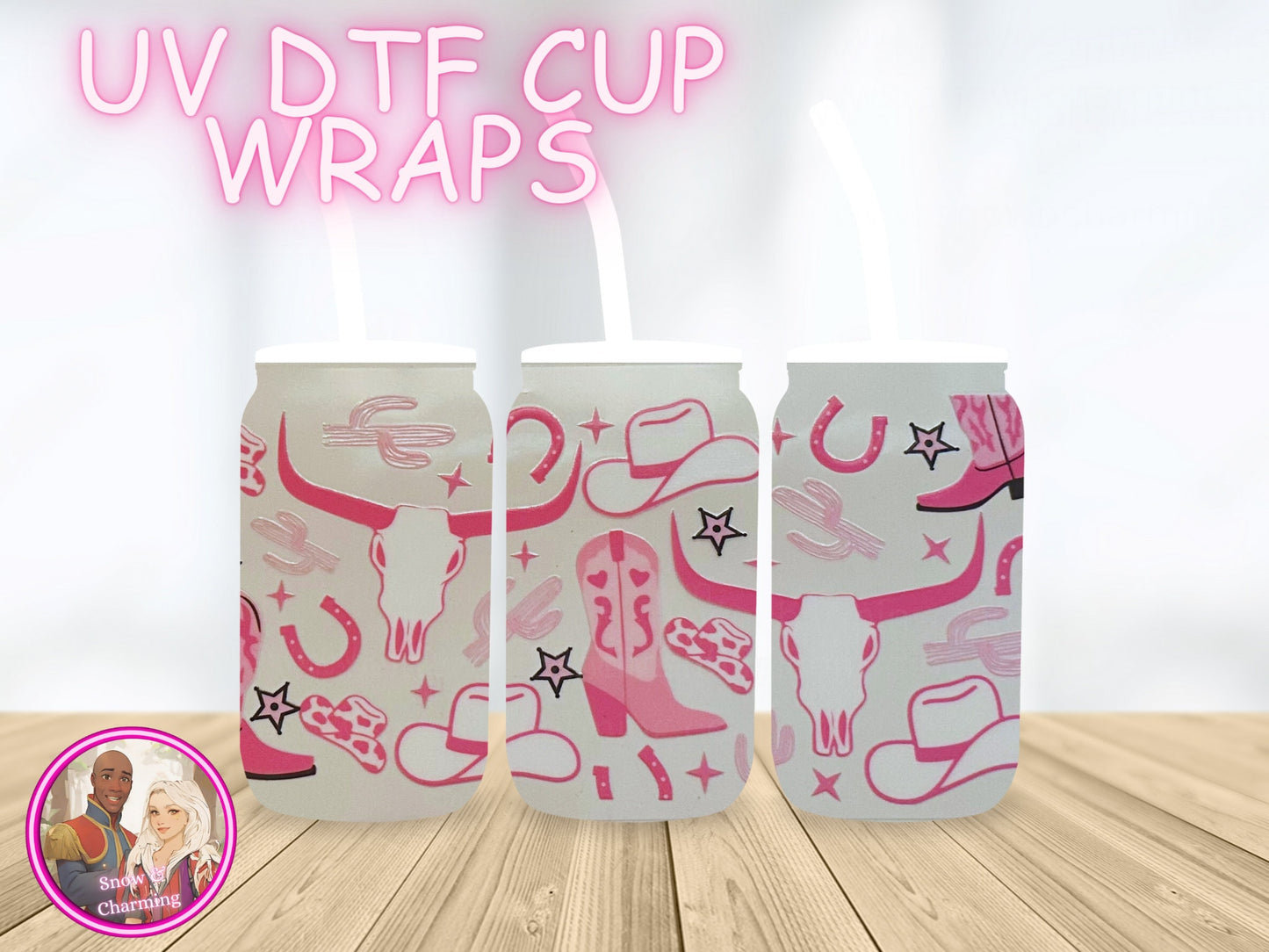 Cowgirl! UV Dtf Cup WRAPs, No Weeding, No Fussy Vinyl! Next Day Shipping, Uv Dtf On 16 Oz Libbey Glass,Ready To Ship