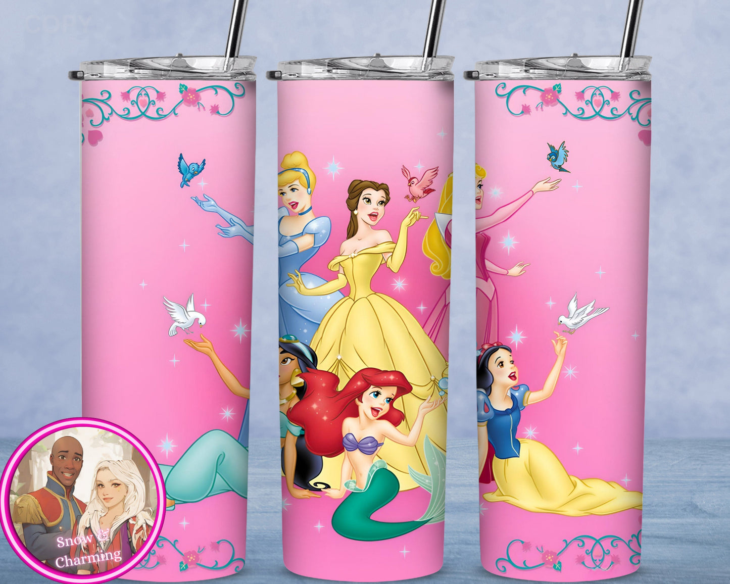 PRINCESSES PINK GLITTER Tumbler!!  20oz or 30oz Tumbler Gift For Theme Park Lover| All Your Favorite Characters and Villains!! Fast Shipping