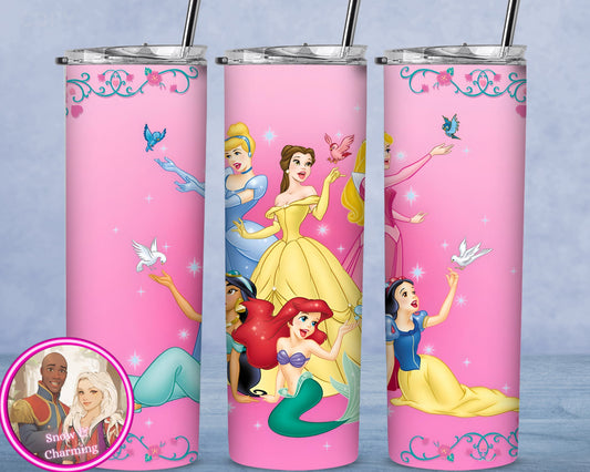 PRINCESSES PINK GLITTER Tumbler!!  20oz or 30oz Tumbler Gift For Theme Park Lover| All Your Favorite Characters and Villains!! Fast Shipping